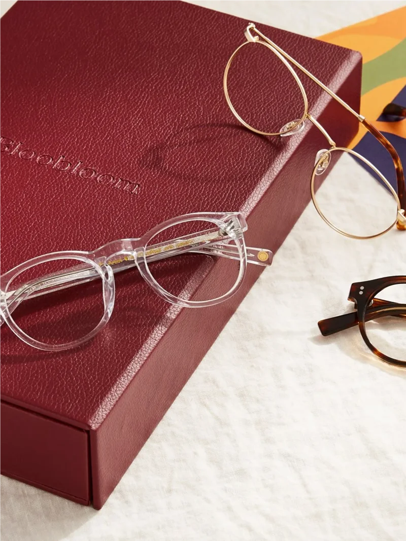 Bloobloom burgundy glasses packaging design by Bodkin Studio.