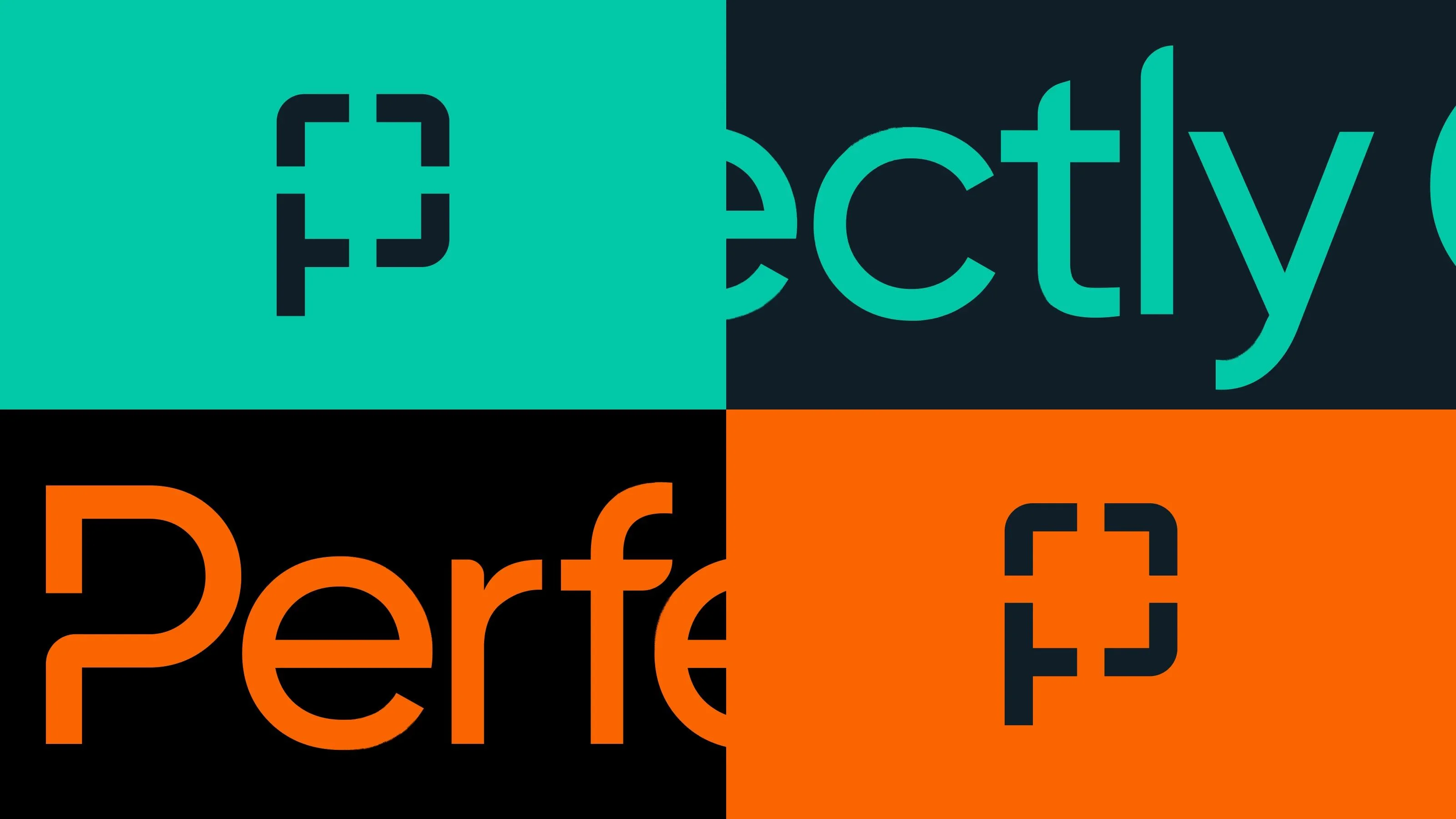 A square logo with rounded corners appears in brand colours, revealing parts of the word Perfectly Clear as part of its brand identity.