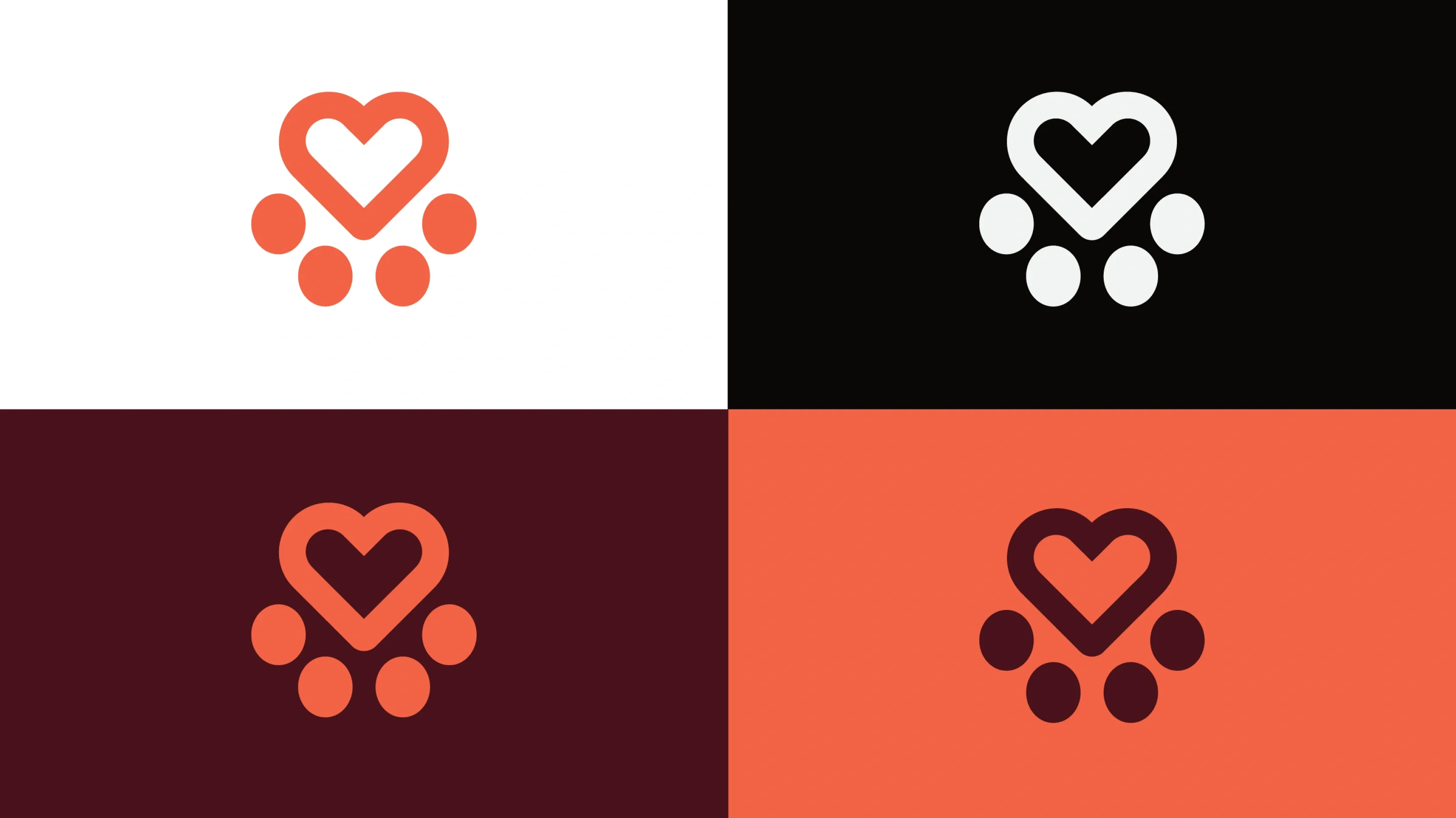 A heart above three dots forms a paw print, symbolizing charity for Spanish Stray Dogs in four distinct colour palettes.