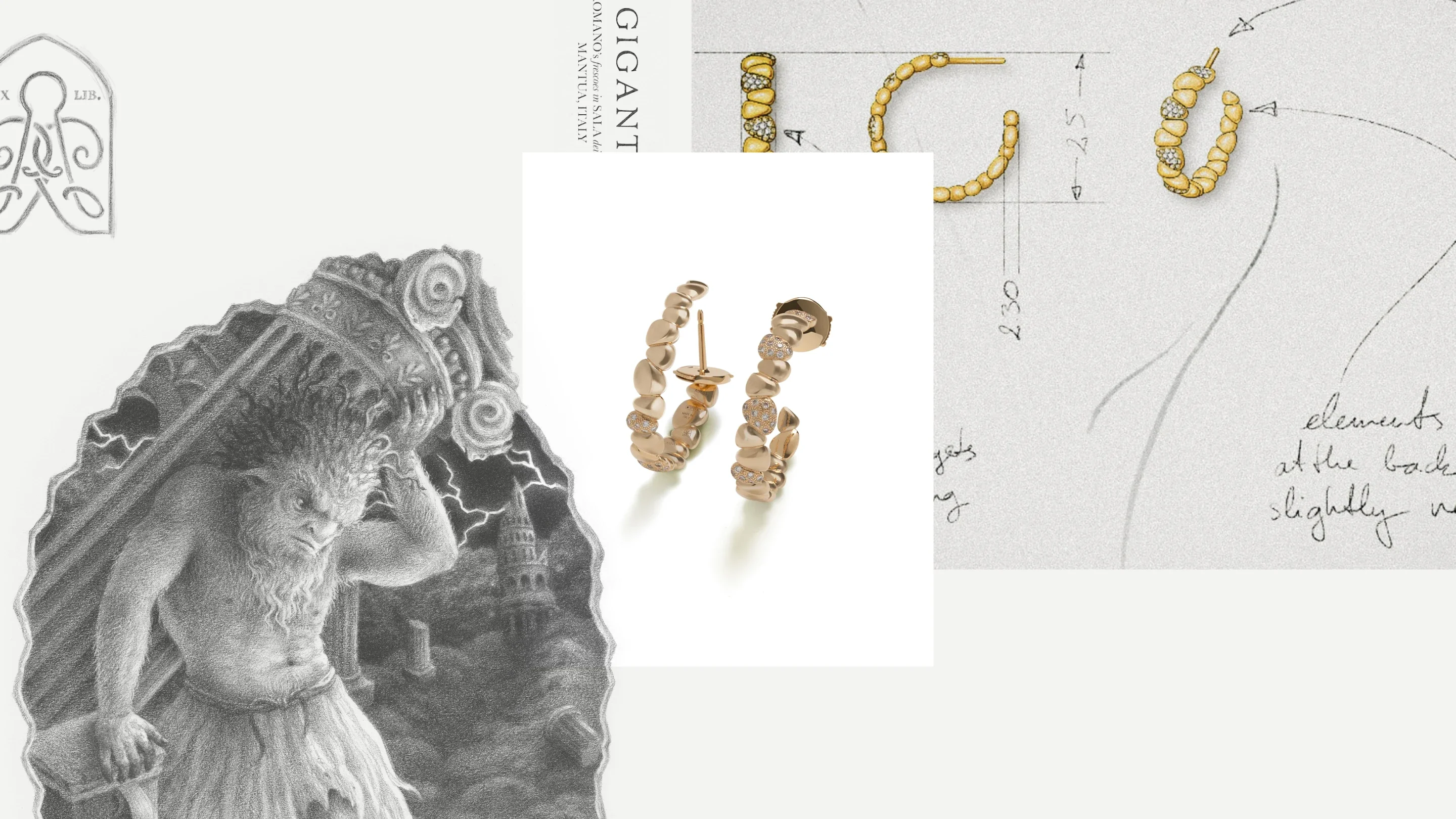 Rudin sketch collage combining jewellery studies and classical references