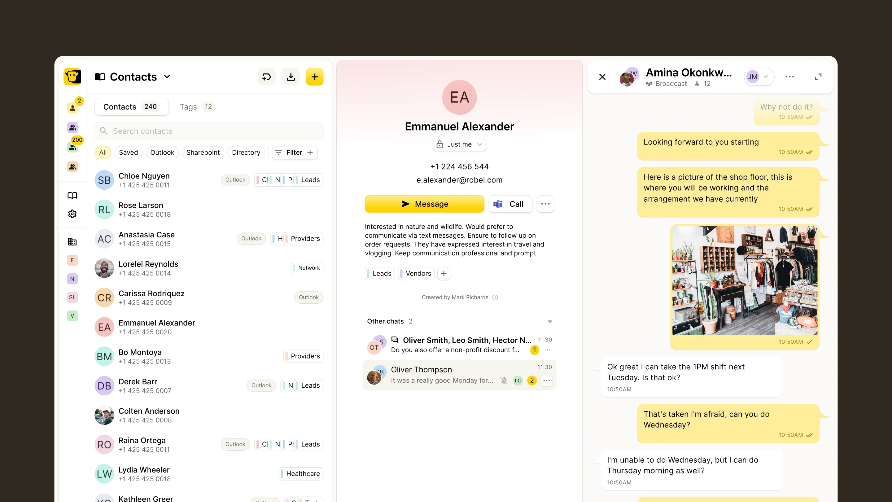 YakChat contacts and conversation interface