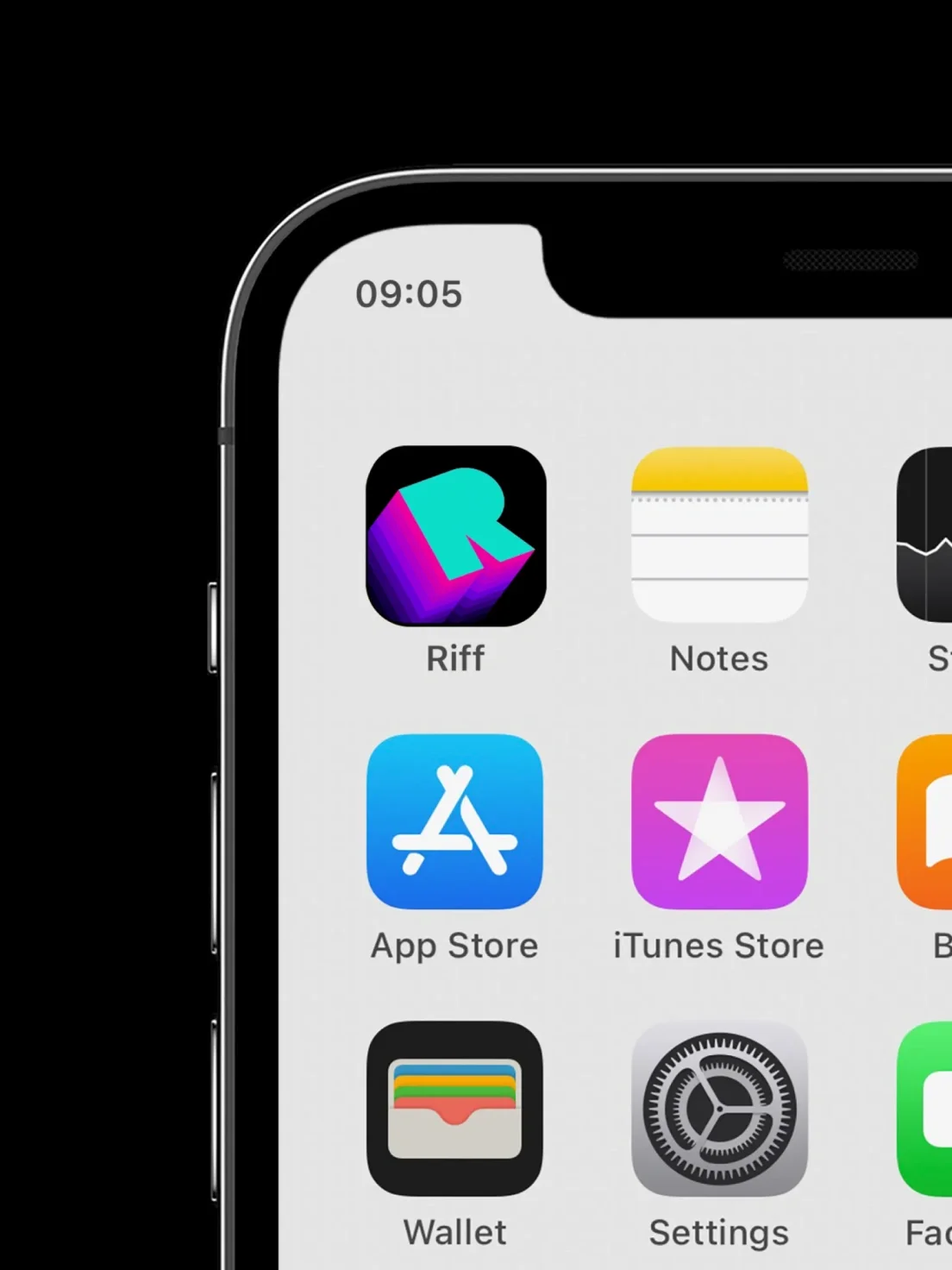 Close-up of a smartphone screen featuring Riff, a social media app, among other icons—showcasing sleek UI design at 09:05.