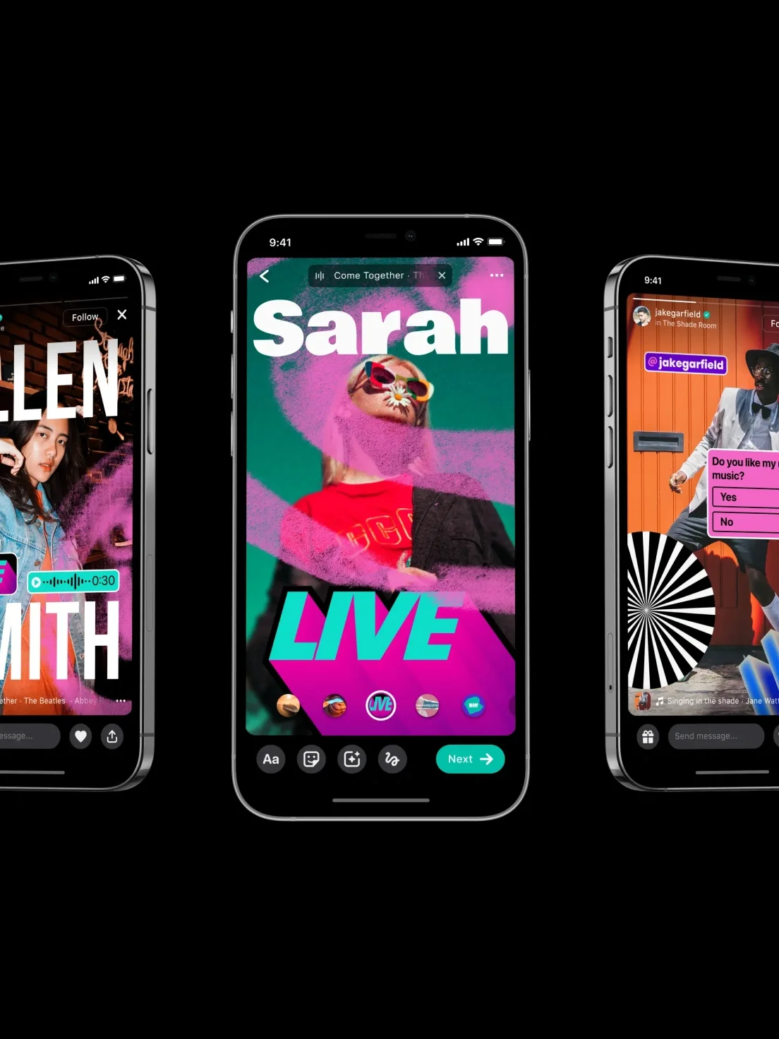 Three smartphones showcase vibrant social media app UI design with creative text, images, and interactive elements against a black background.