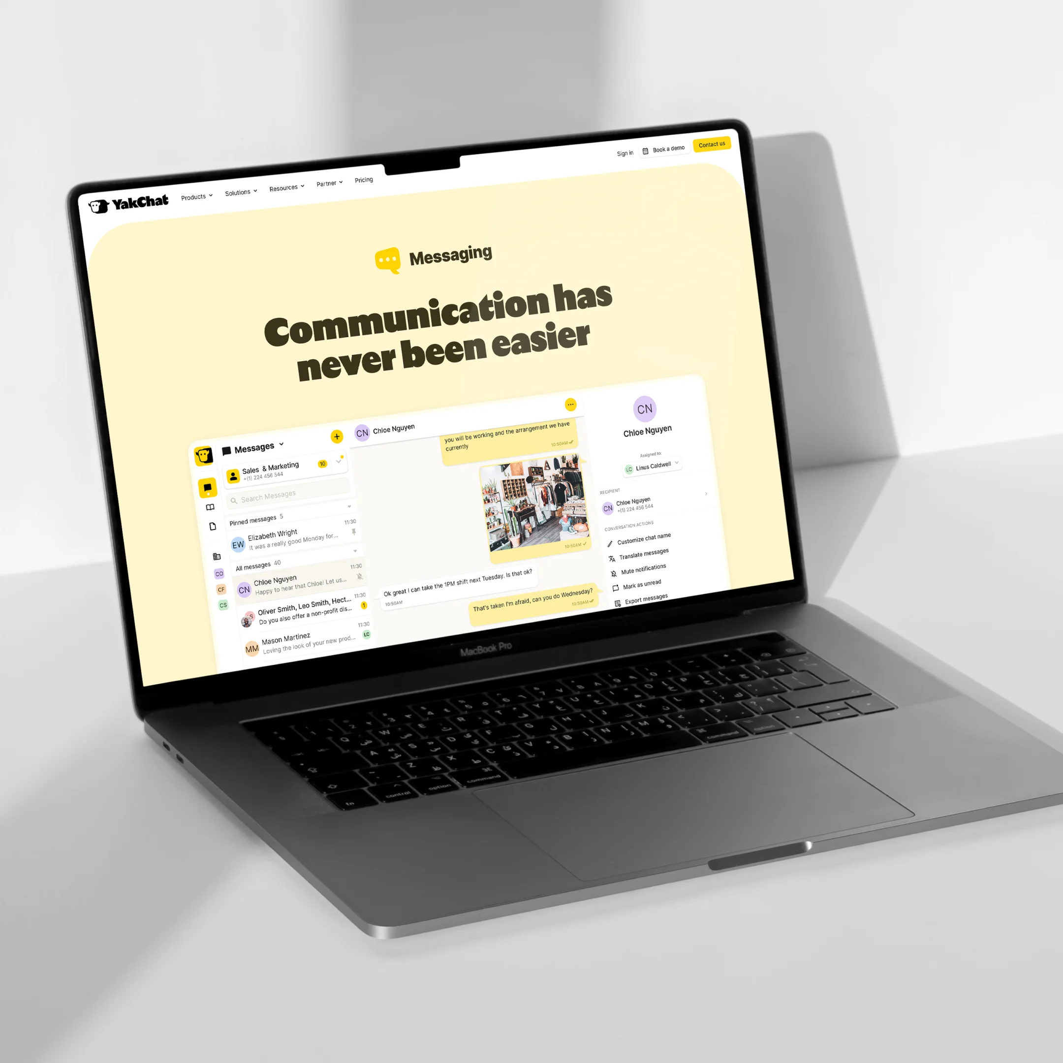 YakChat website messaging page on laptop