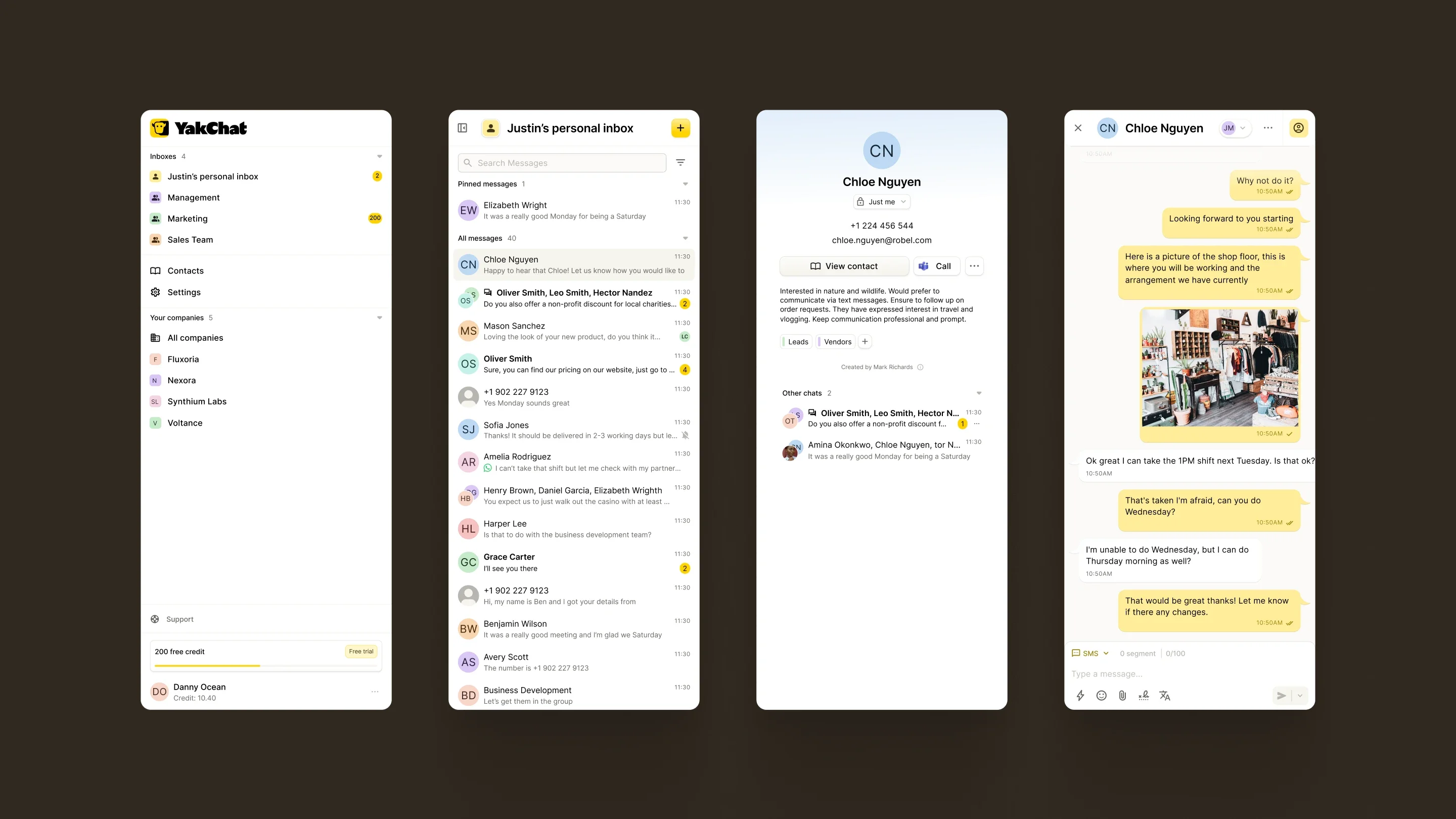 YakChat mobile app screens across inbox, contacts and chat