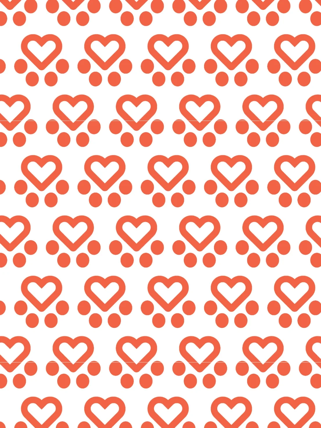 A repeating heart pattern of orange paw prints on white—perfect for supporting Spanish Stray Dogs and charity causes.