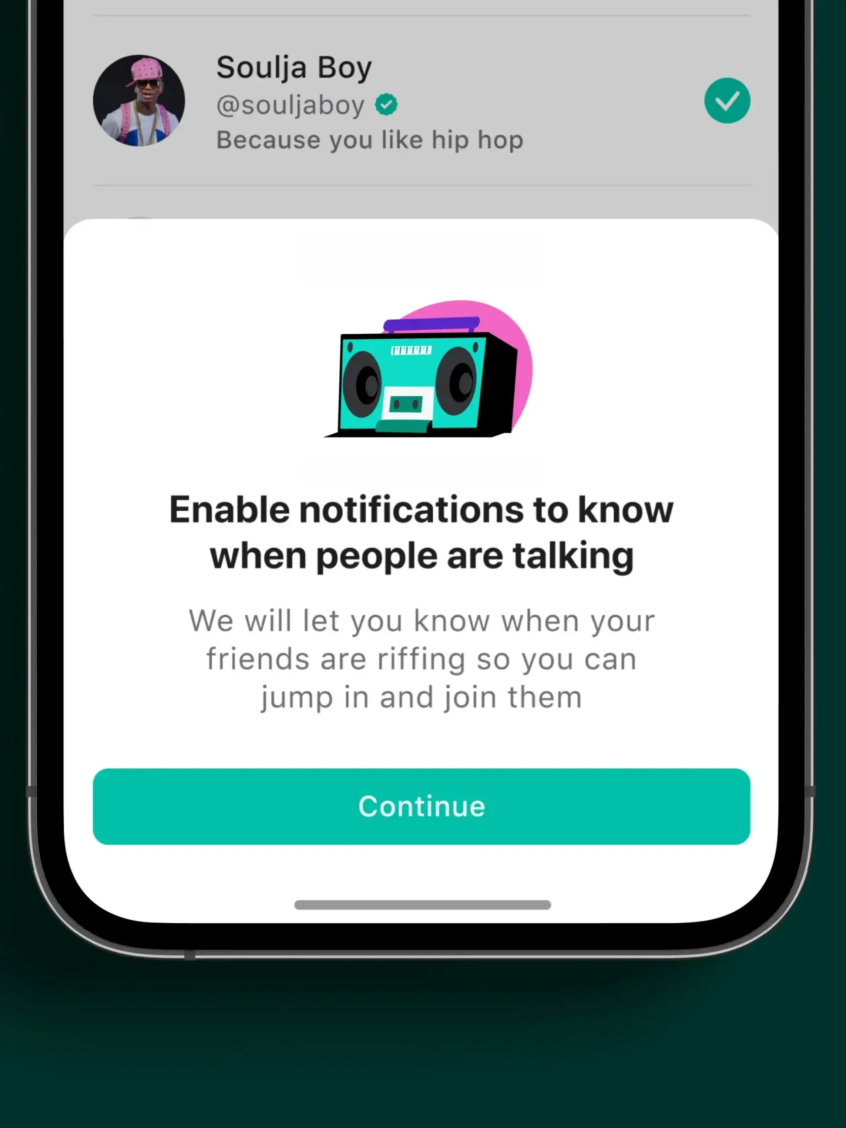 A phone screen shows a Riff tutorial prompt: Enable notifications to know when people are talking, with a boombox and Continue button.