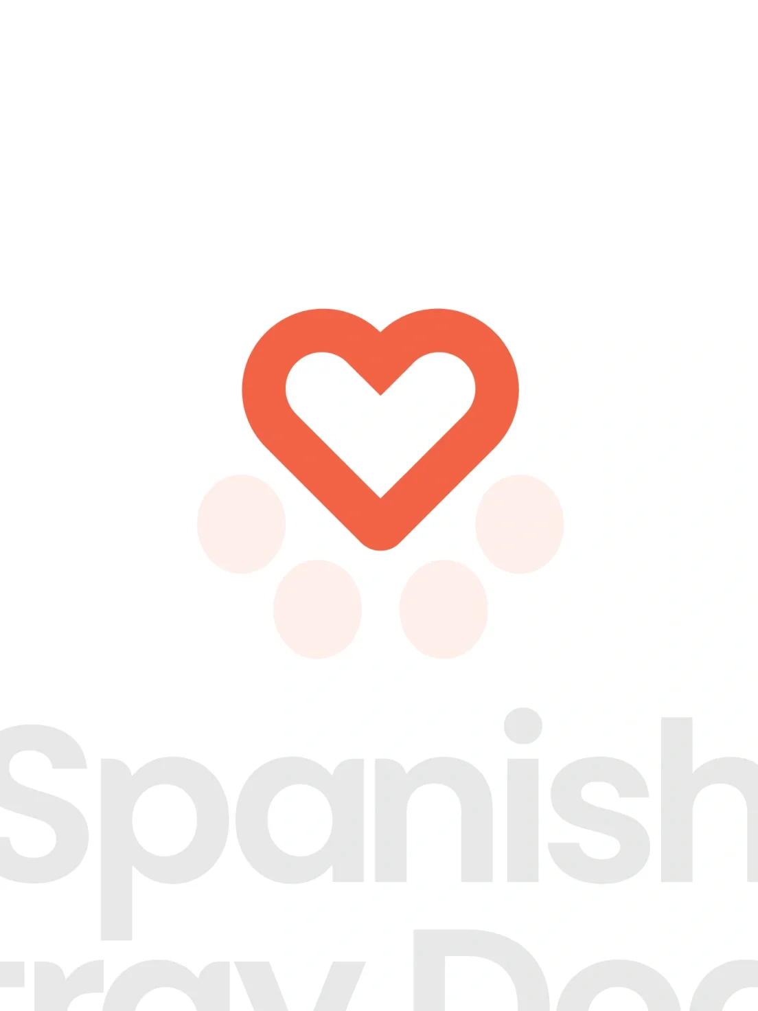 Red heart paw icon above four pink circles, resembling a paw print, symbolizing charity for Spanish Stray Dogs on a white background.