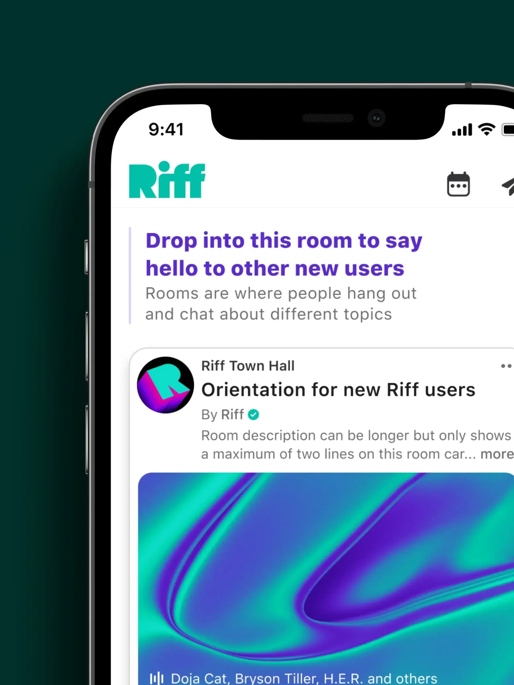 A smartphone screen shows the Riff social media app with welcome text and a colorful Orientation tutorial card for new users.