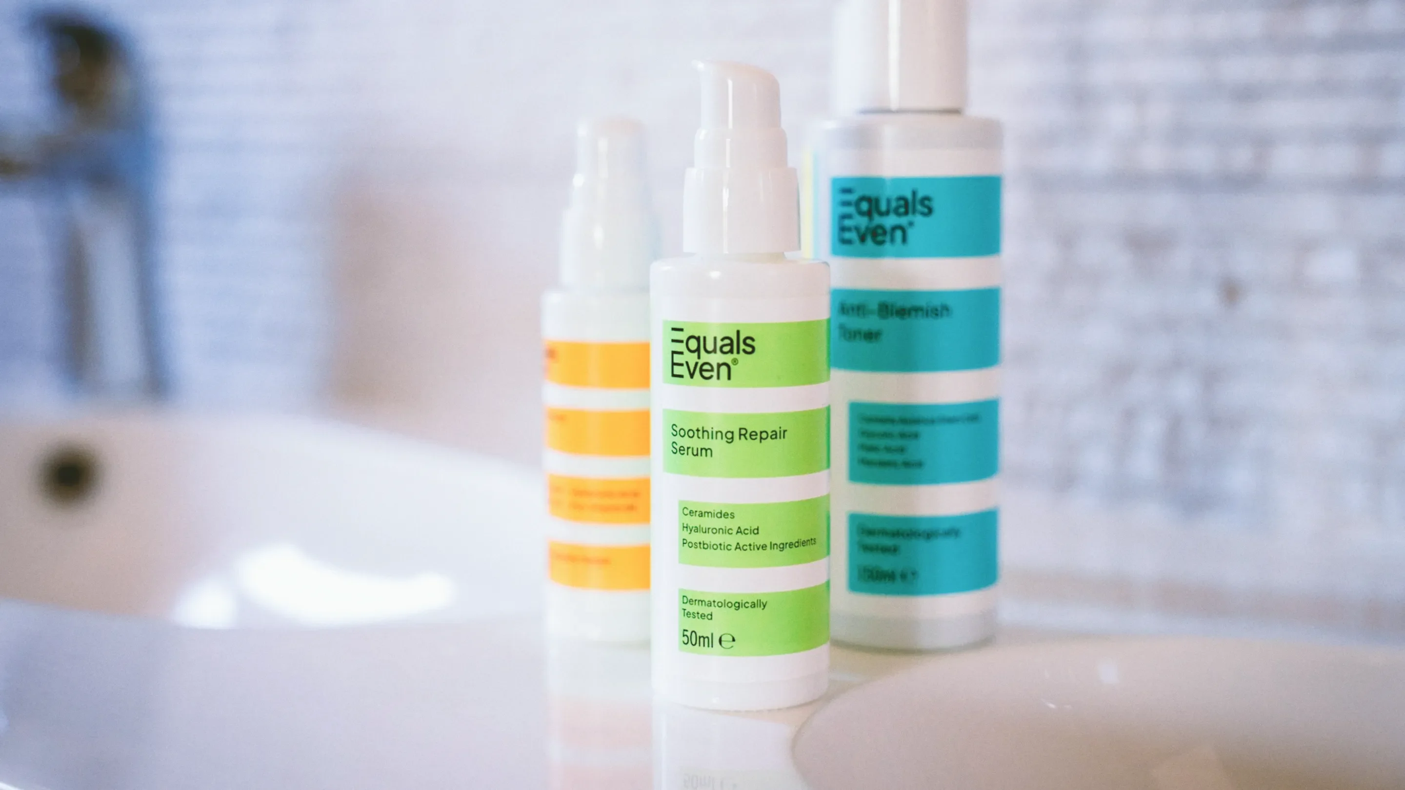 Equals Even skincare packaging in a bathroom setting