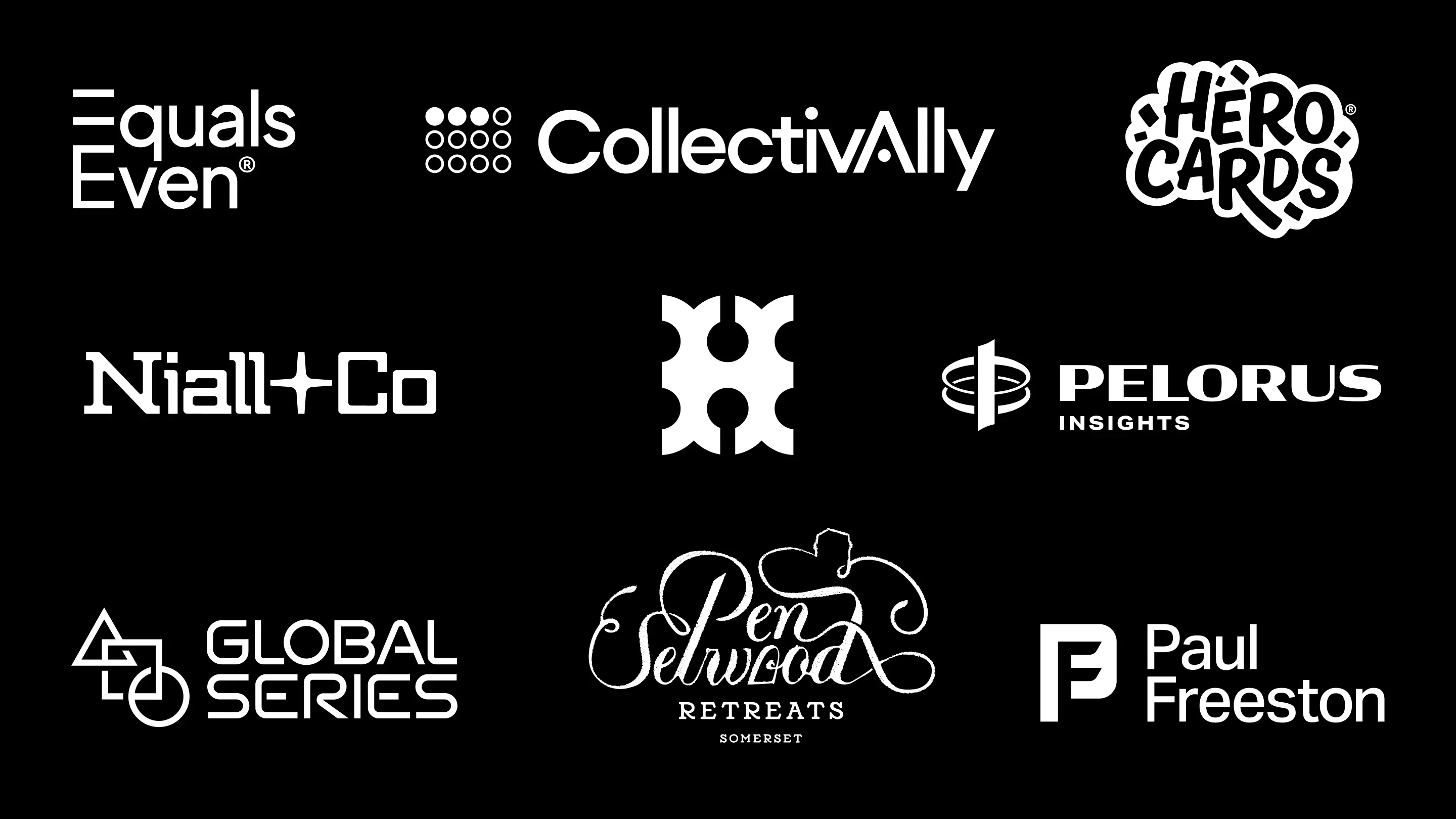 A black background displays nine different white logos, featuring local brands such as Equals Even, CollectivAlly, Hero Cards, Niall+Co, Bodkin, Pelorus Insights, Global Series, Pen Selwood Retreats Somerset, and Paul Freeston