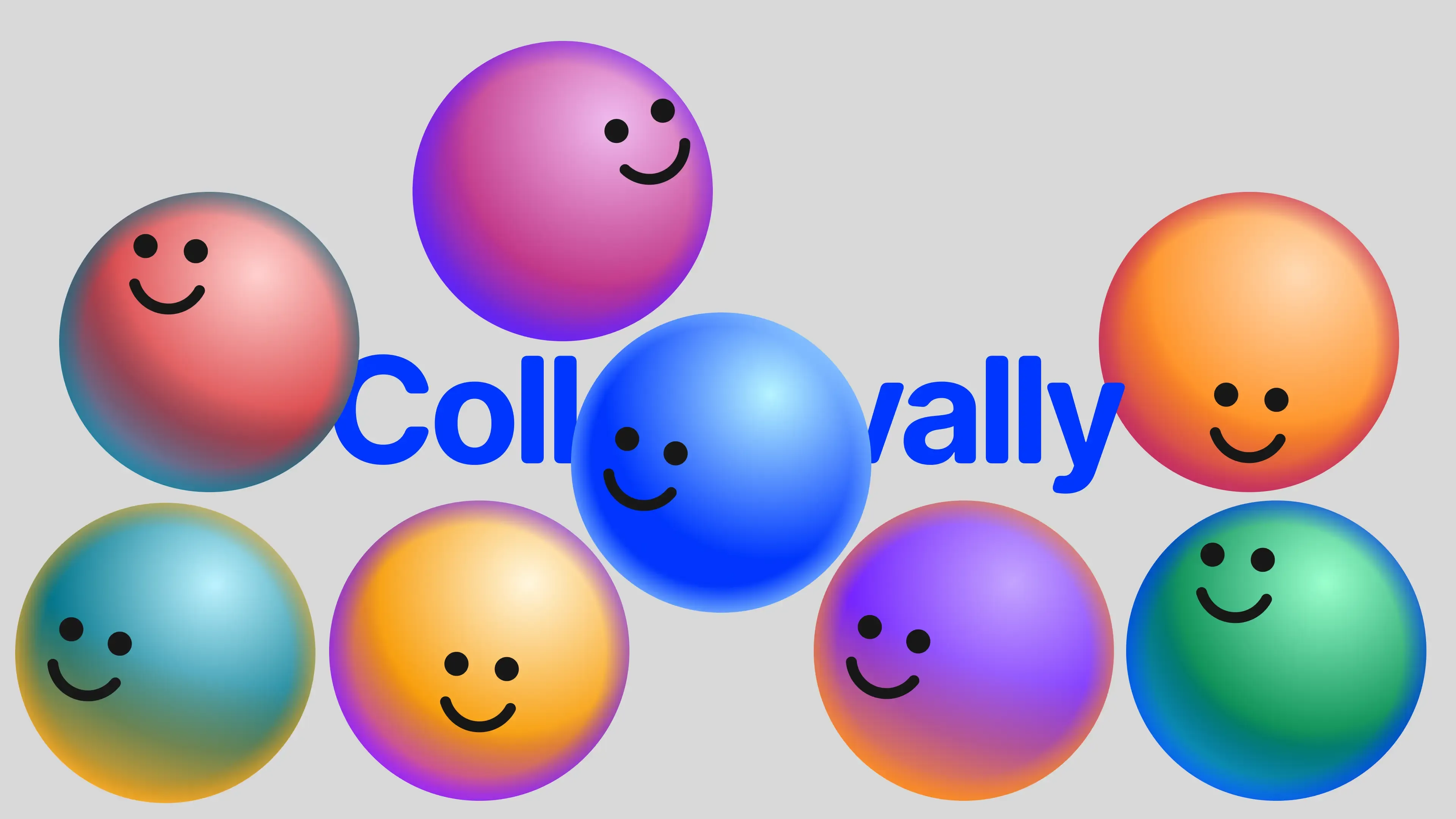 The Collectivally wordmark in blue on a pale grey background, surrounded by smiling gradient spheres in pink, purple, blue, orange, teal, yellow and green.