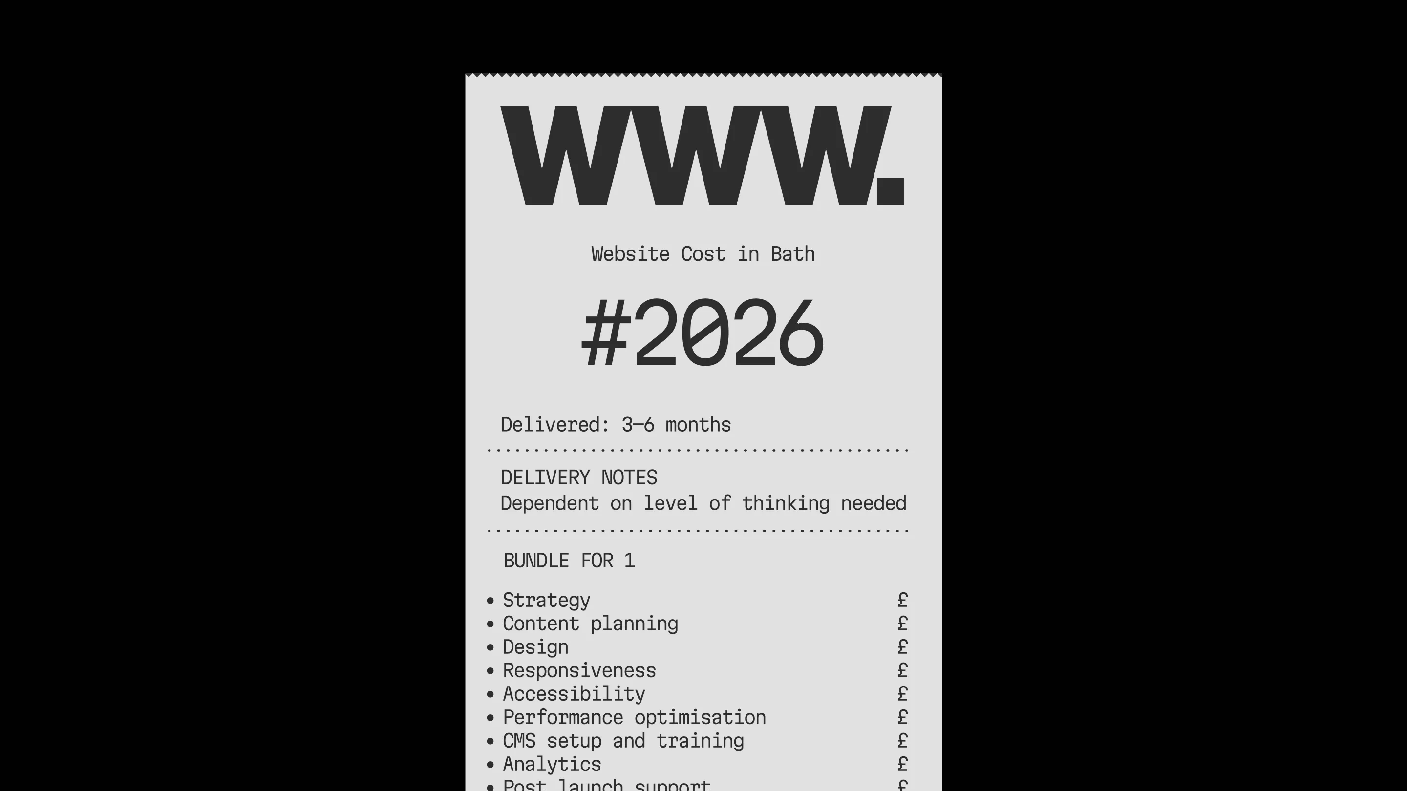 An illustrated till receipt titled Website Cost in Bath, itemising strategy, design, accessibility, and other parts of a website build.