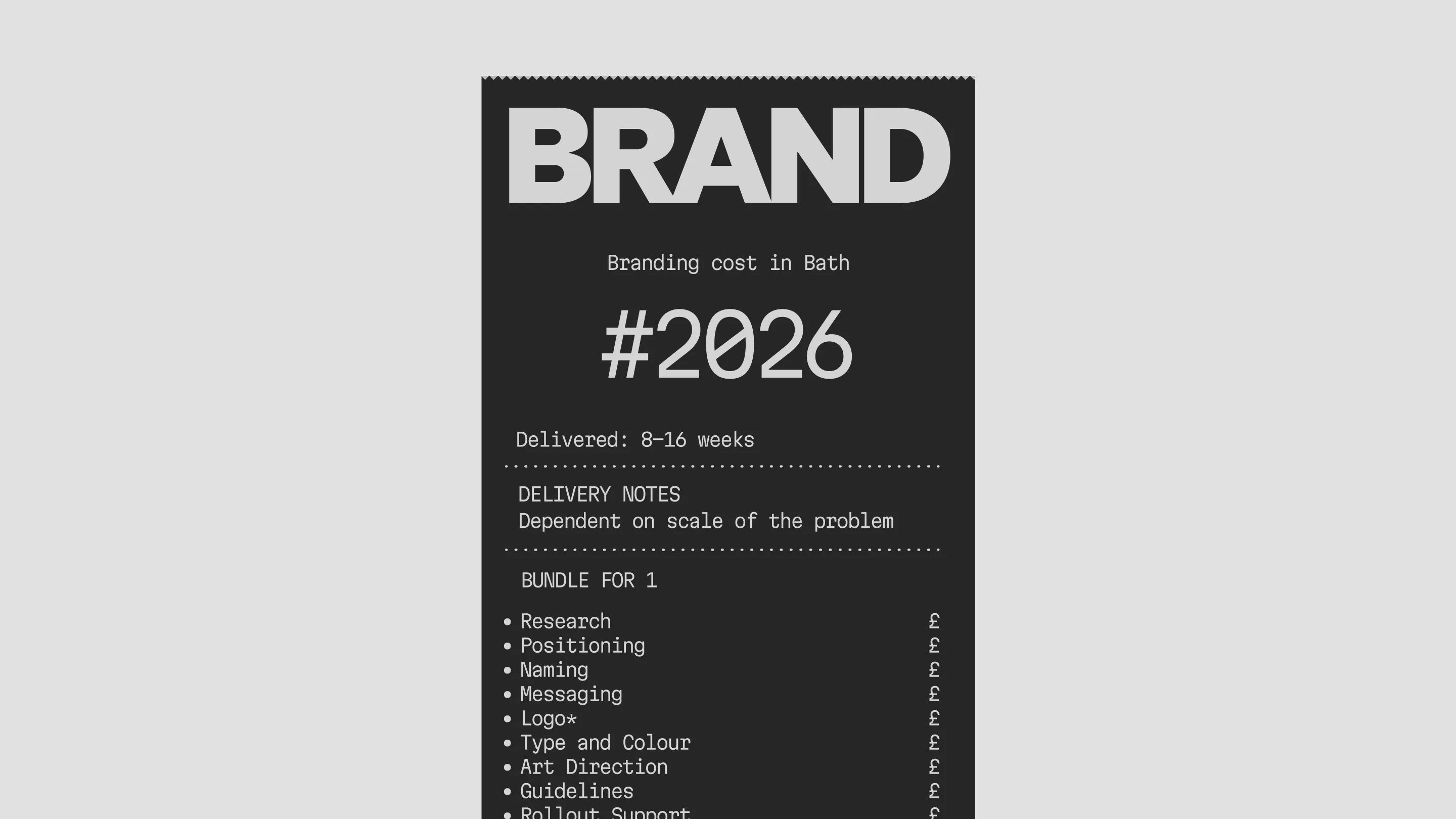 A dark illustrated till receipt titled Branding Cost in Bath, itemising research, positioning, naming, and other parts of a brand identity project.