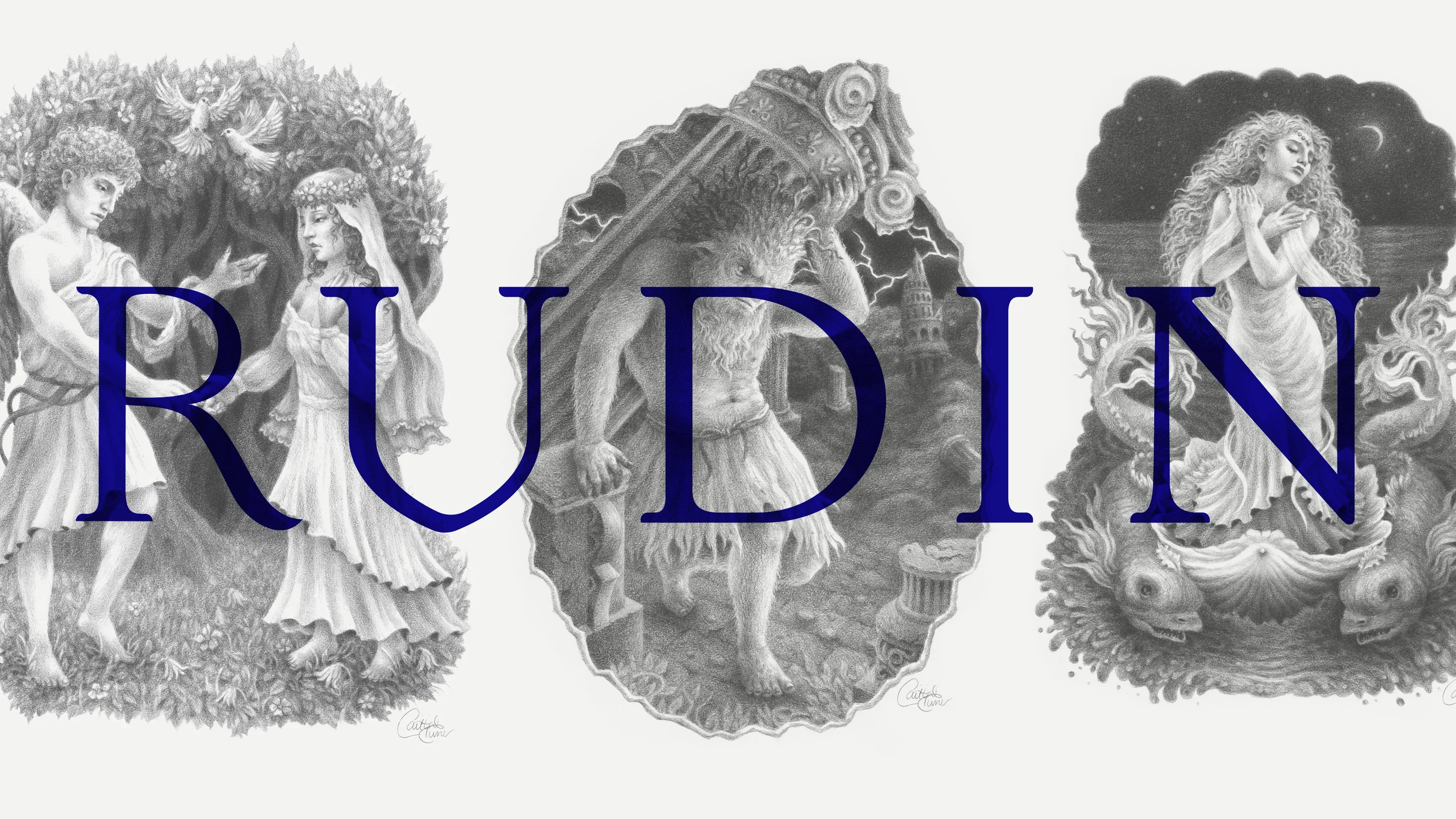 Three detailed graphite illustration panels side by side, depicting mythological scenes — an angelic figure offering a flower to a woman in a garden, a beast-like creature before a castle, and a woman rising from water surrounded by serpentine sea creatures beneath a crescent moon