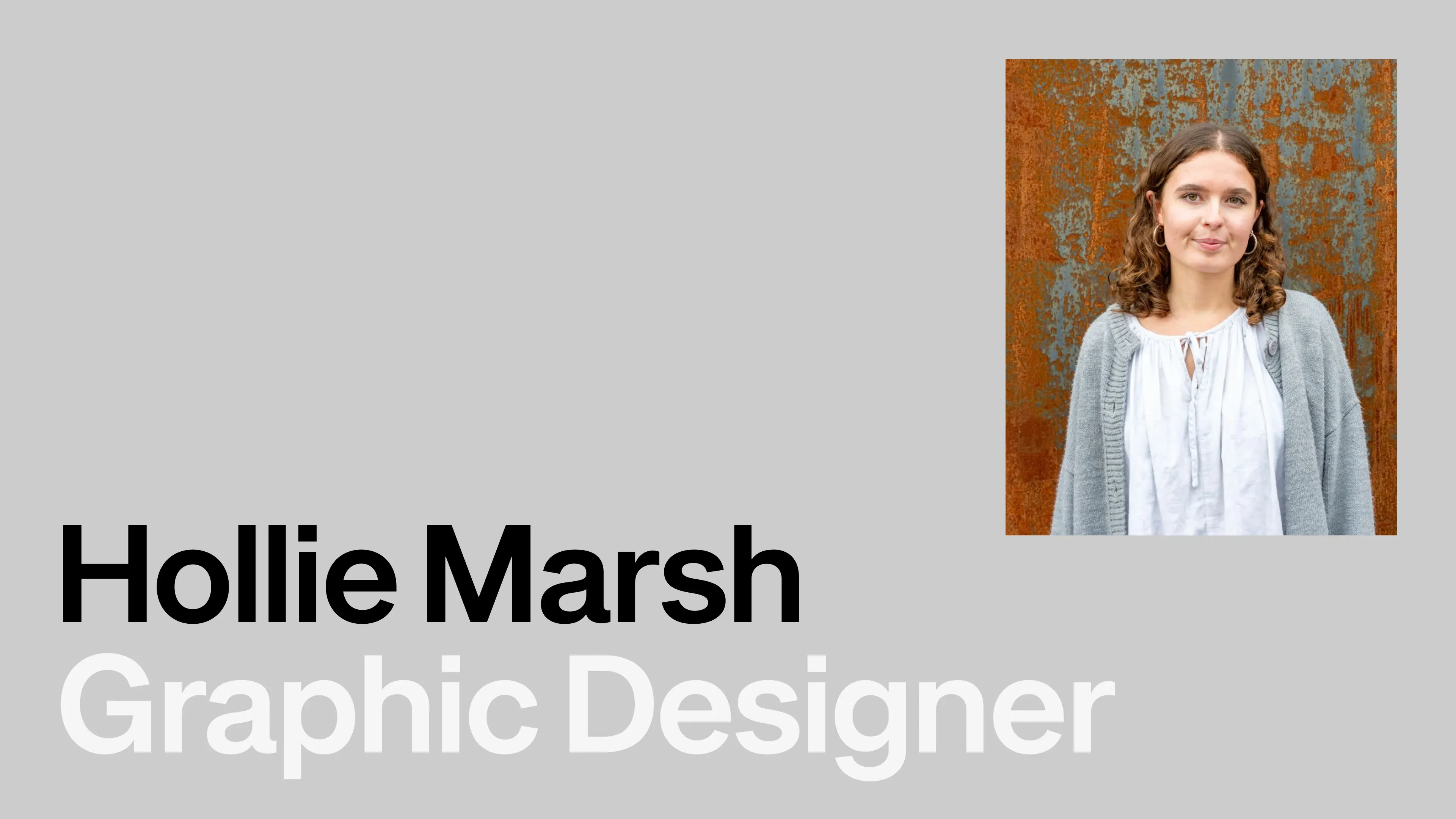 A graphic introducing Hollie Marsh as Graphic Designer at Bodkin, with a portrait photo of Hollie against a textured rust-coloured wall
