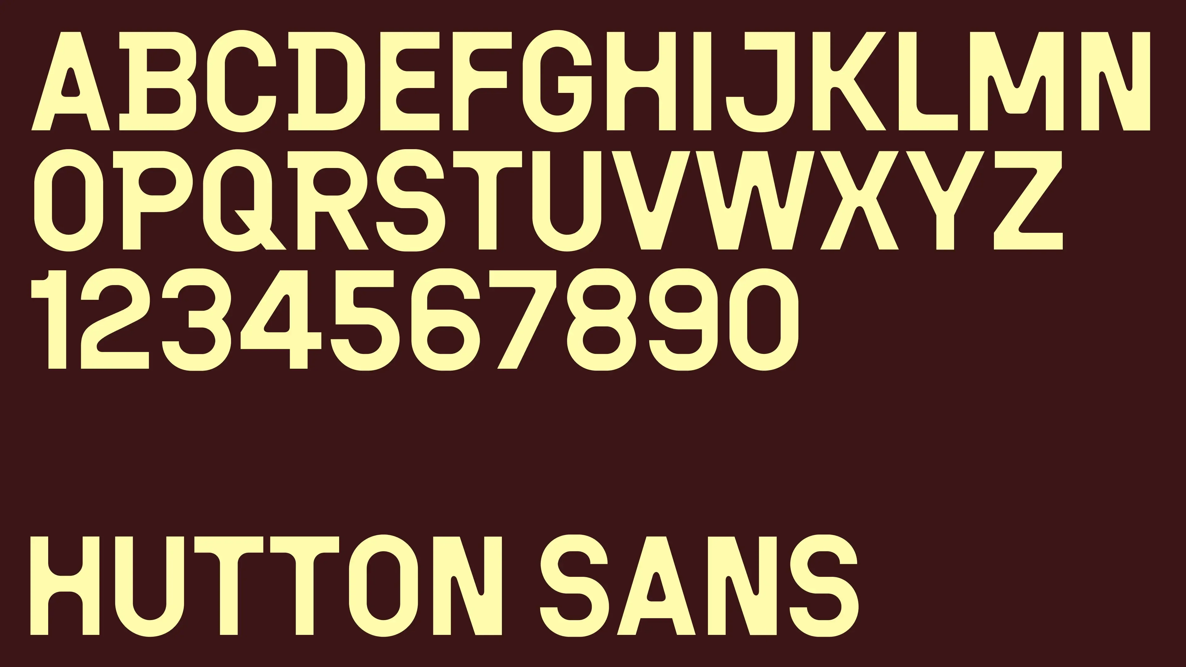 Hutton Sans type specimen. The capital alphabet and numerals in pale yellow on burgundy, heavy with rounded corners, above the typeface name