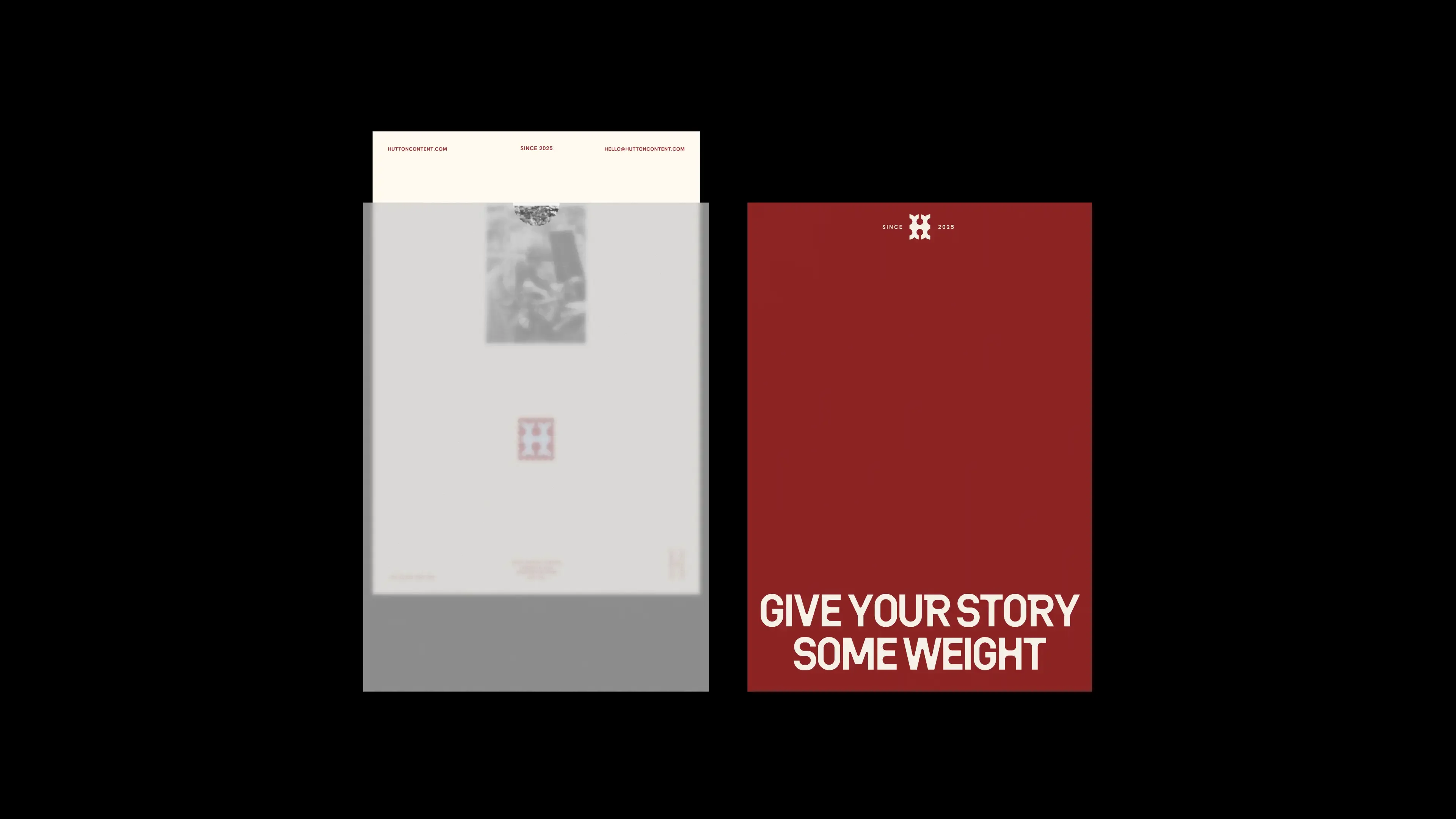 A letter sliding out of a translucent sleeve, beside a red cover that reads “Give your story some weight”