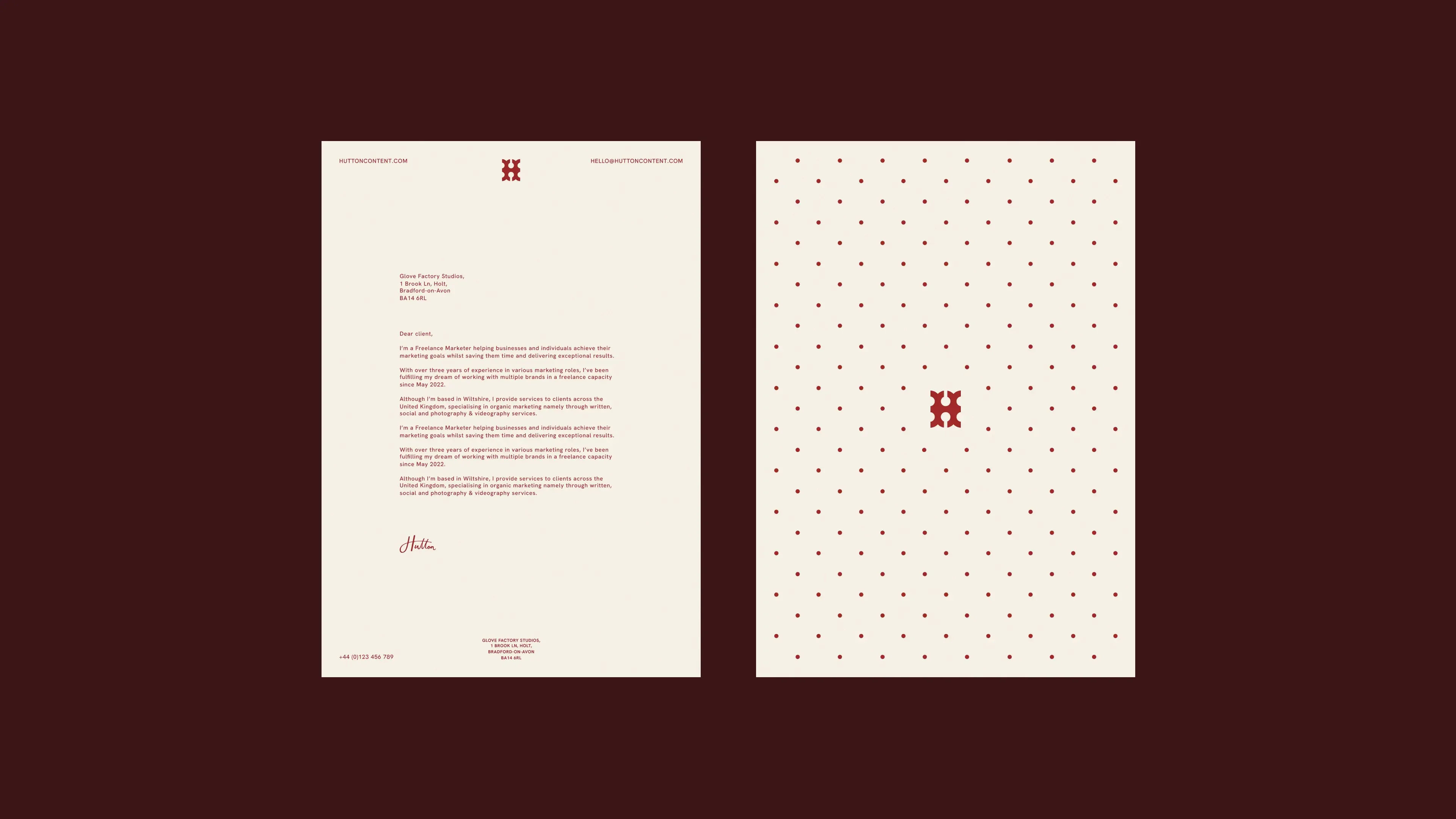 Front and back of the Hutton letterhead on burgundy. A signed letter in red type on cream on the front, a grid of red dots around the monogram on the back