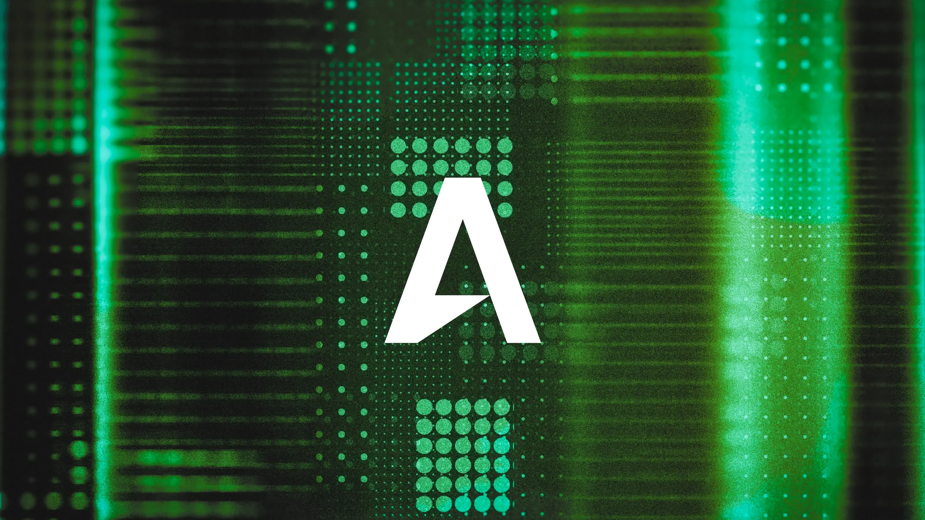 The AlixPartners 'A' monogram in white at the centre of a close-up green artwork built from halftone dots and horizontal scan lines that stretch and blur, suggesting information passing through interference.