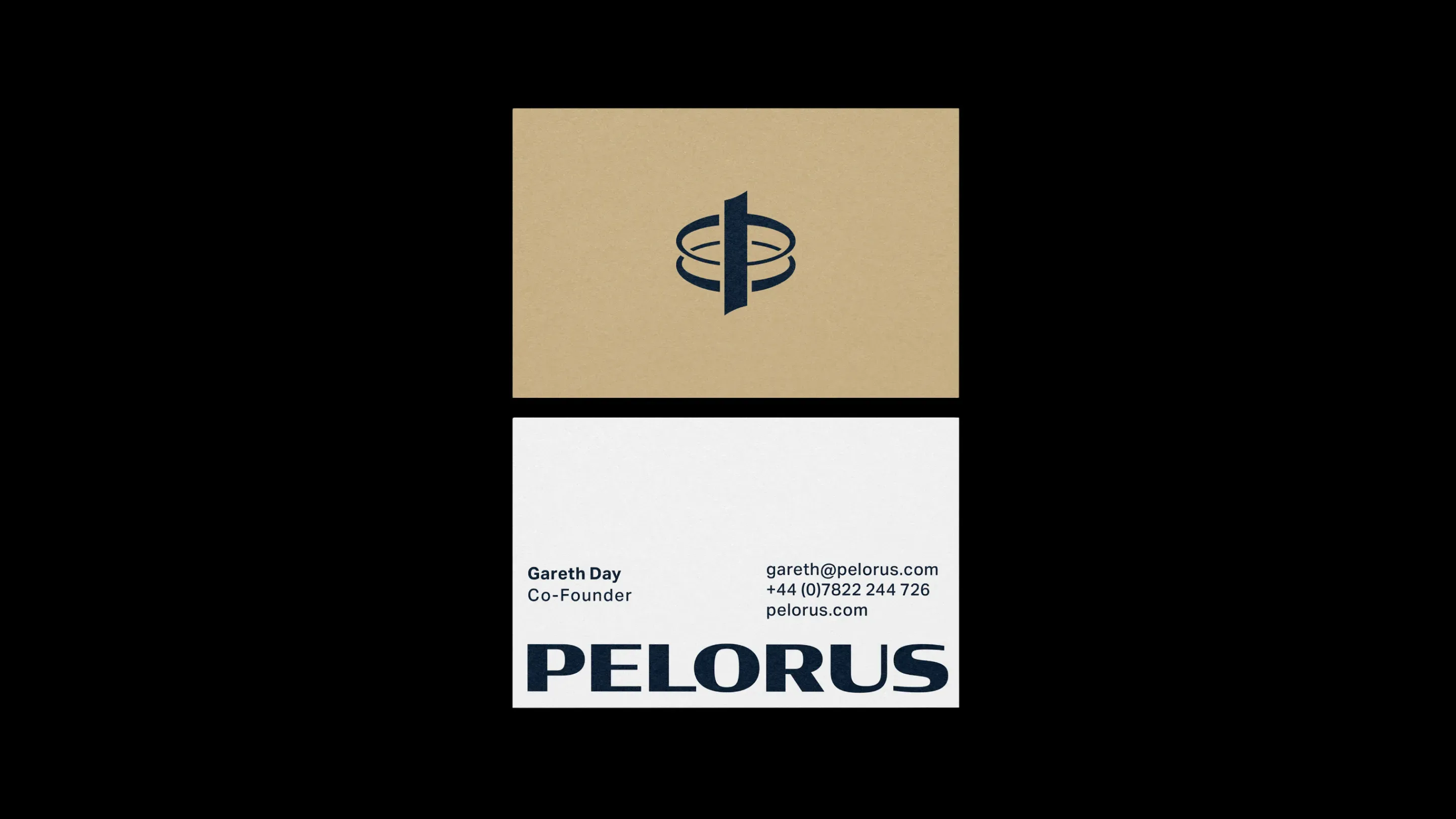 Two Pelorus Insights business cards on a black background: the top card is tan with a navy abstract logo, while the bottom features contact details for Gareth Day, Co-Founder, and the bold word PELORUS