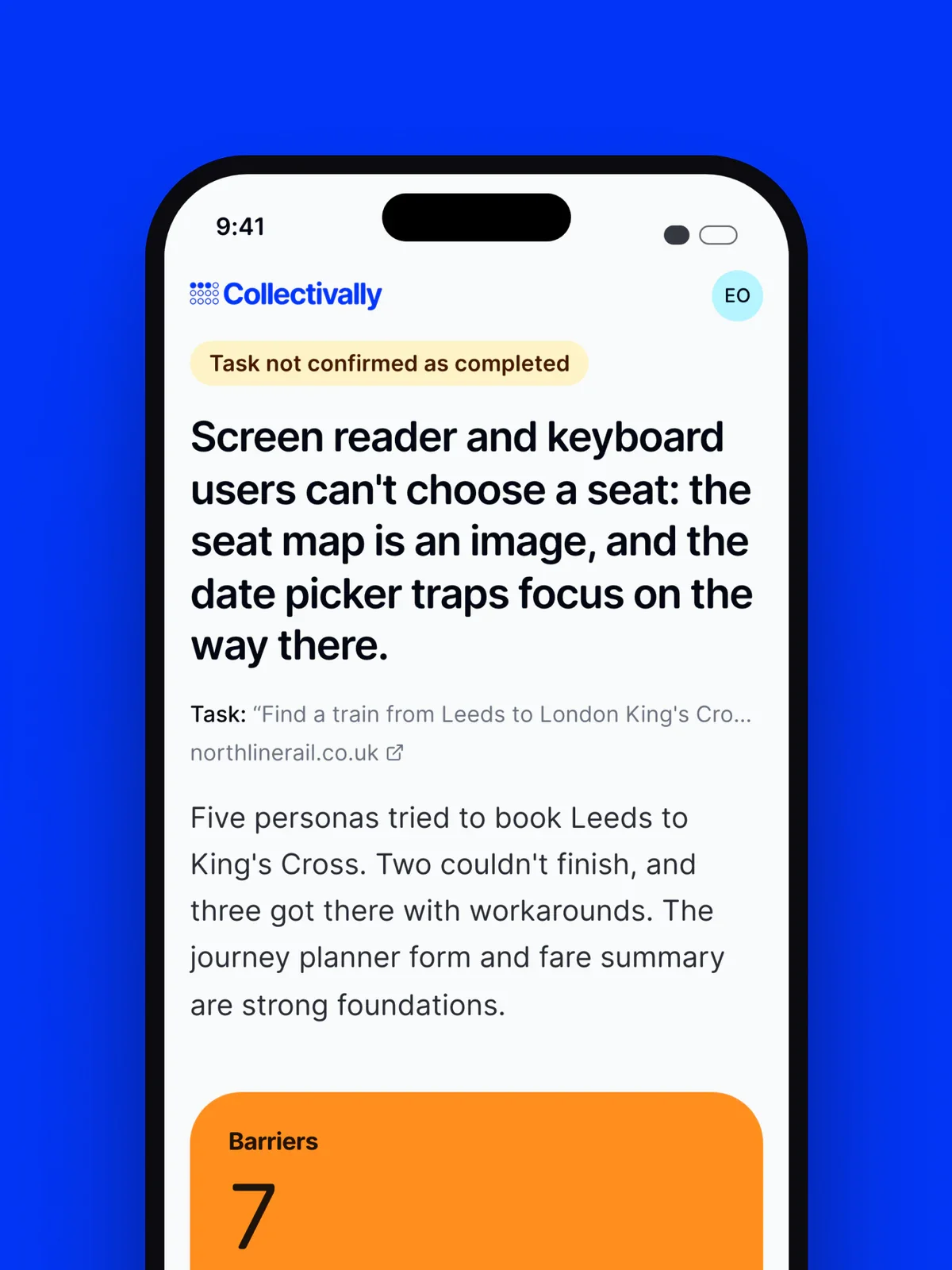 Collectivally report shown on a phone, leading with the barriers personas met