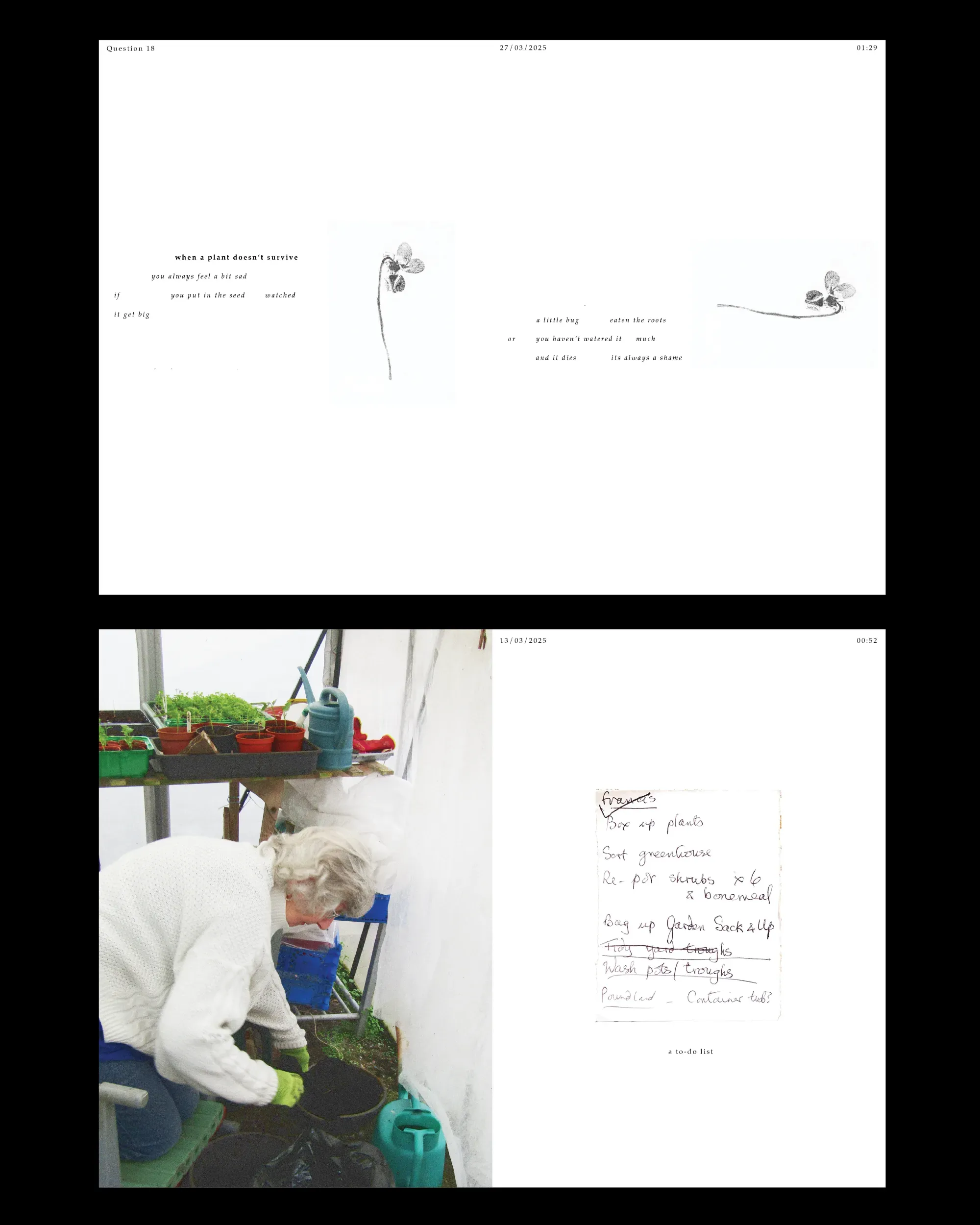 Two spreads from the book: ink prints beside the words "when a plant doesn't survive", and Rosemary potting seedlings in her greenhouse