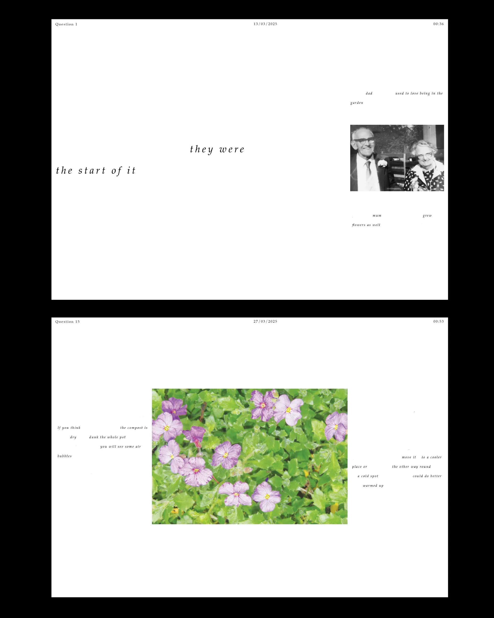 A spread from Rosemary in Florescence: a black and white photograph of an elderly couple beside the words "they were the start of it"