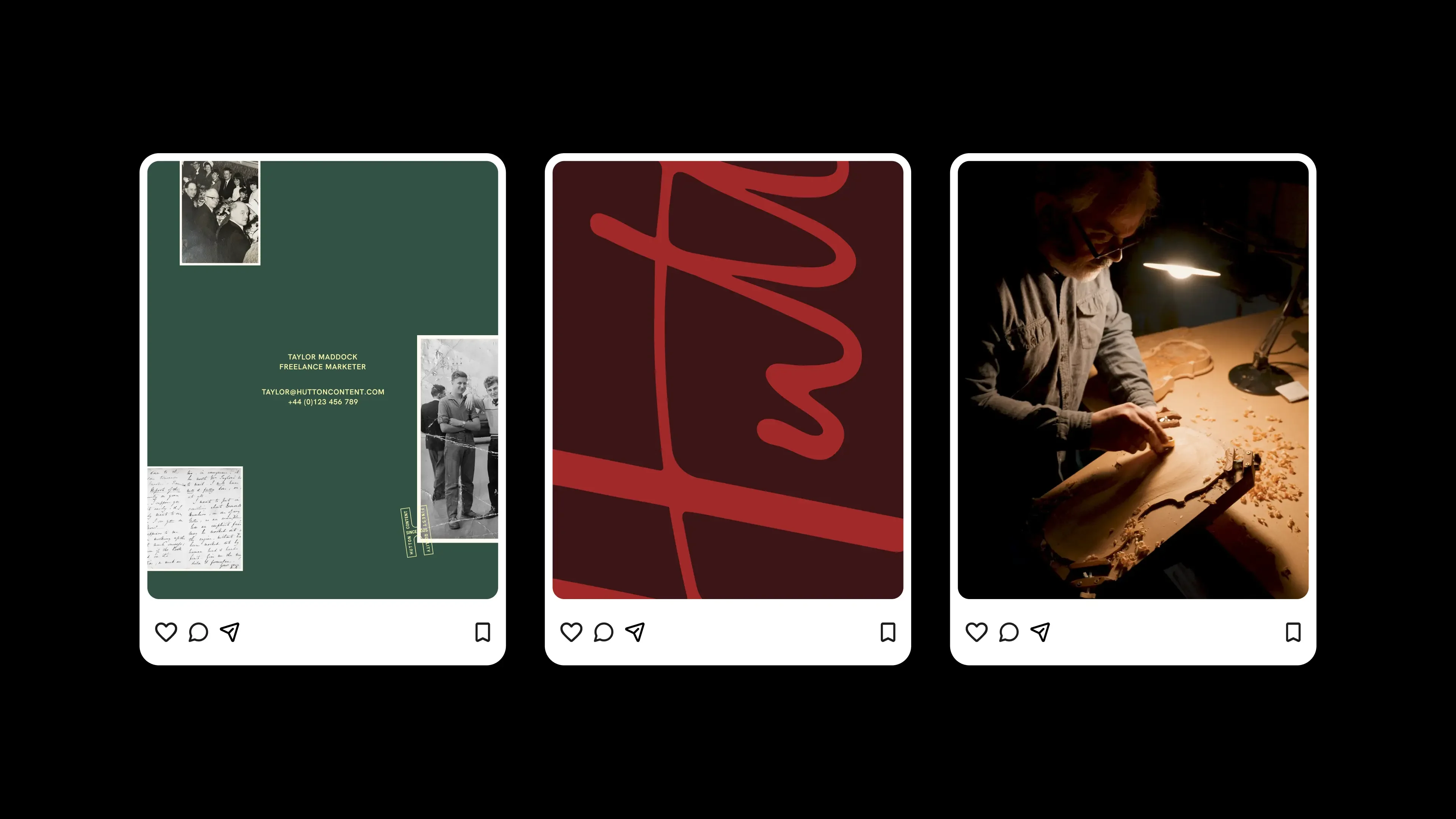 Three social posts. Archive photographs and a handwritten letter arranged on forest green, a cropped fragment of the red signature on burgundy, and a violin maker carving under a lamp
