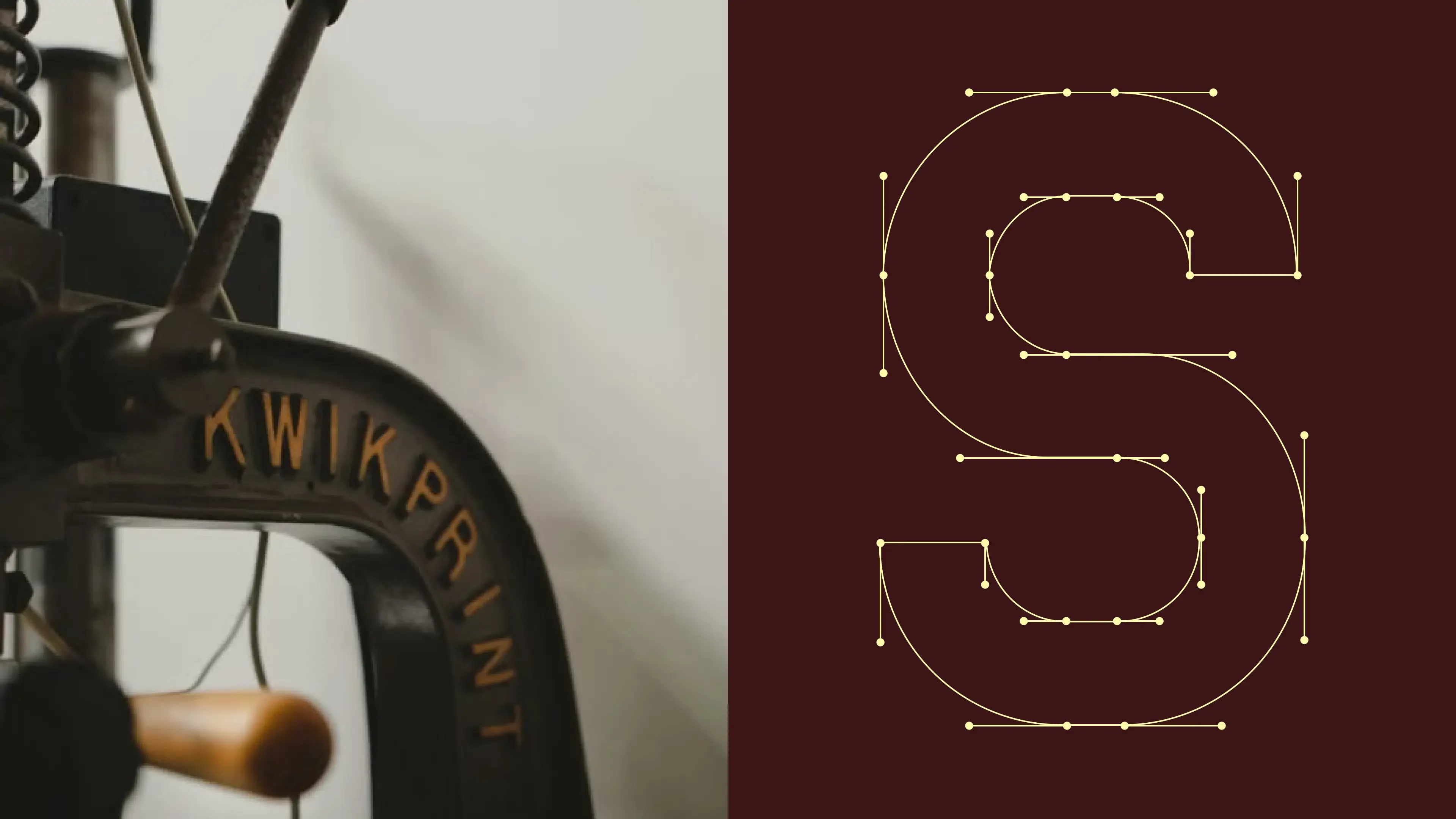Raised lettering reading “Kwikprint” on an old cast-iron press, beside the outline construction of the Hutton Sans letter S with its drawing points