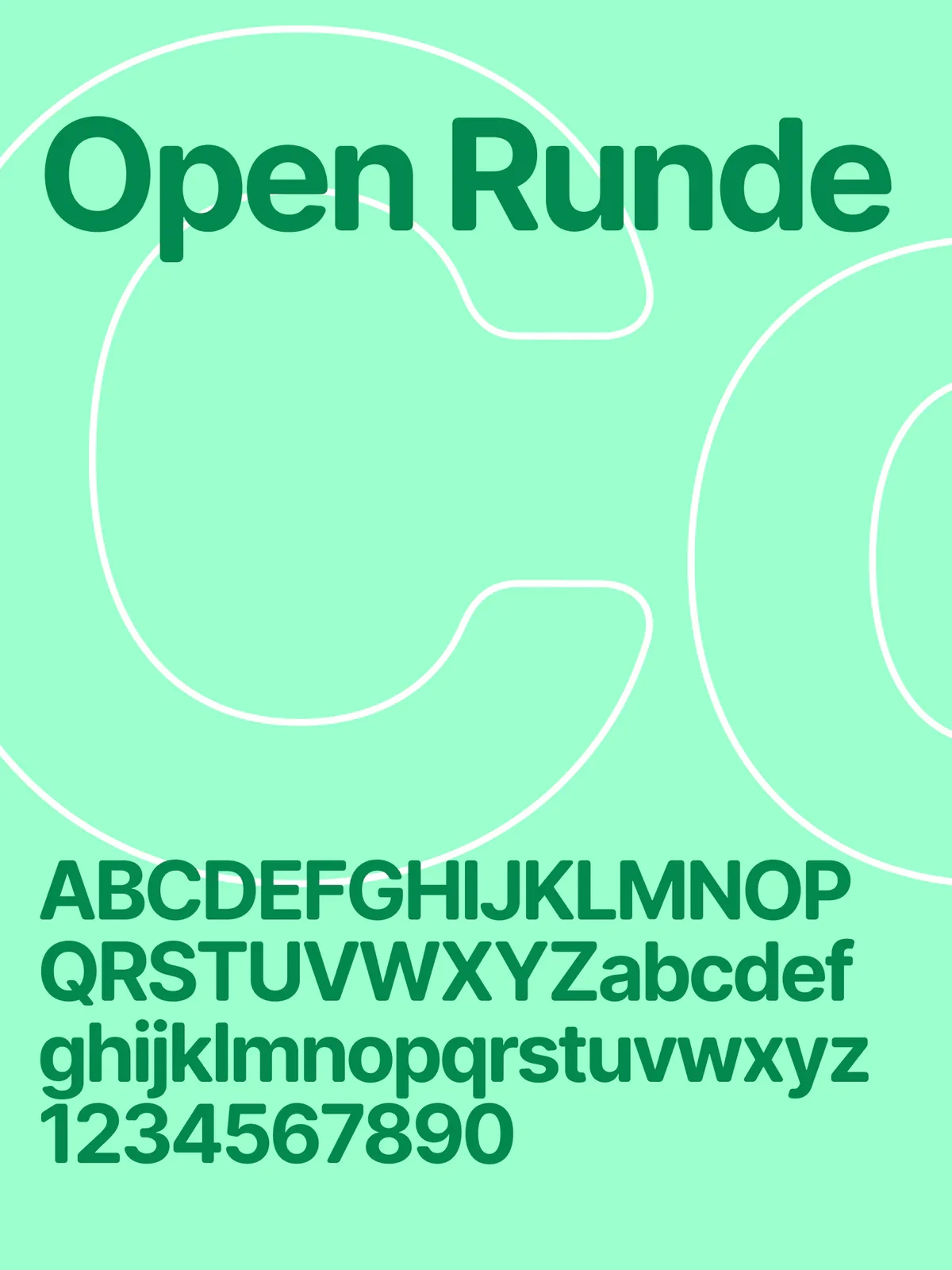 Open Runde type specimen in green on mint