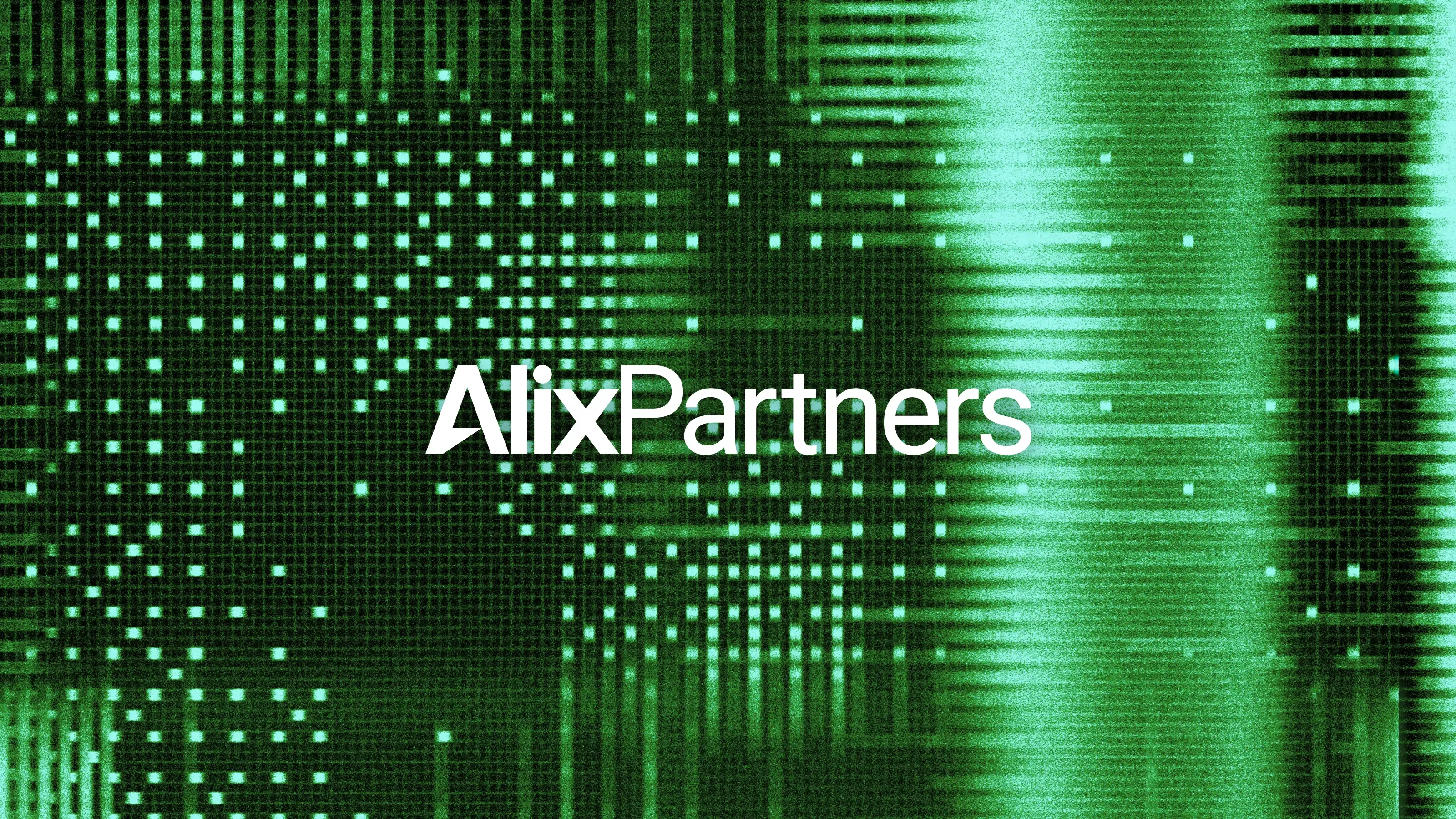 The AlixPartners wordmark in white, centred over a full-bleed field of grainy green interference. Horizontal scan lines and grids of bright dots dissolve into vertical streaks of light, as if data were passing through a signal.